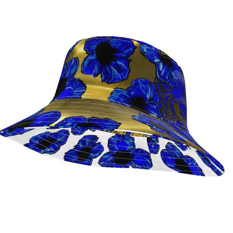 Electric blue and yellow gold floral large brim bucket hat